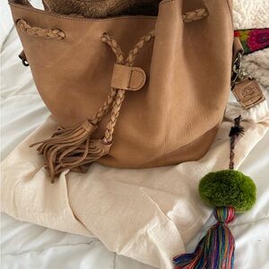 Braided Tassel Bucket Shoulder Bag in Tan leather